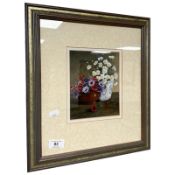 Chris Sparrow : Still life of flowers in two vases, acrylic, 14.5 cm x 18 cm.