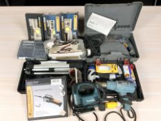 A collection of power tools and hardware including Bosch, Erbauer, Roberts, etc.