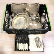 Assorted EPNS wares, cased and loose cutlery, swing handled basket, gallery tray, etc.