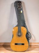 A classical guitar with carry bag.