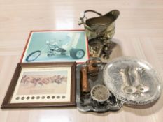 Assorted brass wares, framed set of American coins, treen items.