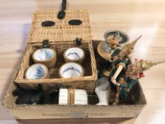 A coffee grinder, ornaments, small wicker hamper containing bowls, etc.