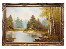 J P Walter (Contemporary) : A stream in a forest glade, oil on canvas, 59 cm x 90 cm.