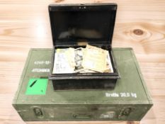 A military storage crate and a further tin containing ephemera, photographs, postcards, etc.