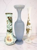 A Victorian turquoise glass hand painted vase, height 32 cm, together with two further glass vases.