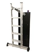 An aluminium ladder with central platform.