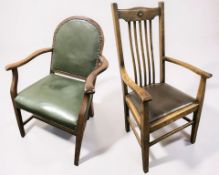 An Edwardian oak armchair and a further armchair with studded green leather seat.
