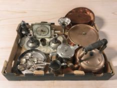 EPNS and copper wares including tea pots, pair of dwarf candlesticks, cutlery, dressing table items,