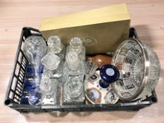 Assorted glass decanters, a Pusser's navy rum decanter (empty), other boxed glass wares, etc.