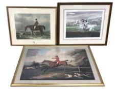 Three colour prints of fox hunting and horse racing interest, the largest 95 cm x 70 cm overall.