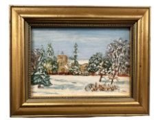 June Colvin : Church in a winter landscape, oil on canvas, signed, 16.5 cm x 11 cm.