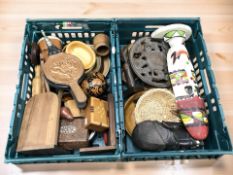 Assorted decorative tribal masks and figures, treen items, rolling pin, large pepper grinder,