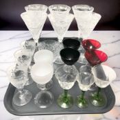 A set of six Stewart crystal wine glasses, height 21 cm, plus further drinking glasses.