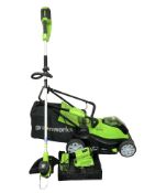 A Greenworks electric lawnmower, together with a strimmer, with battery packs.