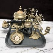 A brass tea caddy, a rotary telephone and a pair of table lustre candelabra.