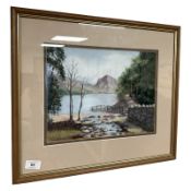 June Colvin : A fence by a pathway leading across a reservoir, colour chalk, signed, 33 cm x 25 cm.