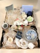 Assorted ceramics and glasswares including Wedgwood jasperware items, crystal vases, decanter,