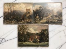 Three 19th century unframed oil on panel paintings, each 15 cm x 20 cm.