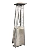 A stainless steel outdoor patio heater, on trolley castors, height 190 cm.