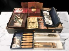 Assorted cased cutlery, drinking glasses, Royal Worcester dishes, three lady's costume wristwatches,