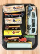 A Dinky Supertoys 903 Foden flat truck, 922 big Bedford lorry, 982 Pullmore car transporter,