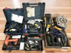 Assorted power tools including Evolution, Bosch, MacAlister, etc.