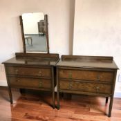 A mid-century oak two drawer chest and a matching mirror back dressing chest, each 92 cm wide.