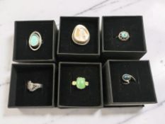 Six various silver gem-set dress rings, in boxes.