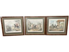 Three French colour prints depicting huntsmen on horseback, each 56 cm x 46 cm.