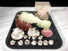 A group of miniature tea china, Carlton Ware leaf dishes, Dresden porcelain figure of a lady, etc.