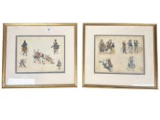 Two 19th century pen and ink and watercolour studies depicting humorous scenes of figures on