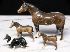 A Beswick brown gloss horse, two foals and a border collie.