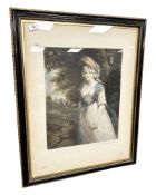 After John Hoppner (1758 - 1810) : Portrait of a lady by a tree in a white dress with blue scarf,