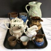 A group of ceramics including various jugs, Victorian tea pot, a Beswick Ware jug, etc.
