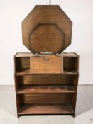 A mid-century oak open bookcase, width 84 cm, together with an octagonal Art Deco fire screen.