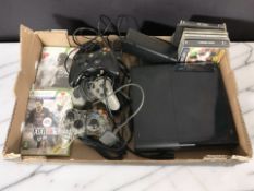An Xbox 360 console, controllers, several video games.