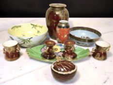 A Crown Devon Fieldings chinoiserie lustre lamp base, similar pair of twin handled vessels,