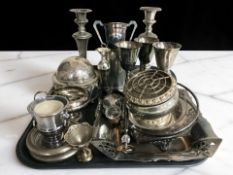 A pair of 19th century pewter candlesticks, EPNS wares including goblets, trophy cup, etc.