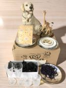 A dog ornament and related collector's plates, crystal glasses,