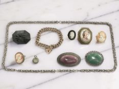 A fancy link necklace, one end stamped 830, a gold-plated padlock bracelet, cameo brooches,