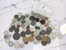 A mother of pearl box containing a small quantity of Georgian and later coins, some silver pieces,