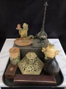 An Indian carved hardwood table box, hexagonal brass ink well,