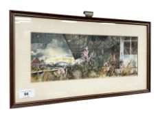 A 20th century watercolour depicting a disused railway station, 35 cm x 13 cm.