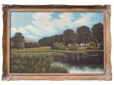 K Harrison (Contemporary) : View across a pond with thatched buildings beyond, oil on canvas,