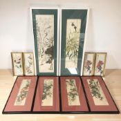 A collection of ten Chinese School prints, in frames, the largest 80 cm x 29 cm overall.