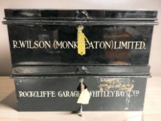 A lacquered tin deed box marked 'R Wilson (Monkseaton) Limited',