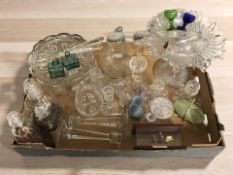 A group of ships in bottles, pressed glass bowls, pair of candlesticks and other glass wares.