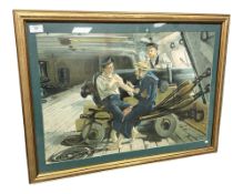 After Ralph Hedley : A sailor tattooing his crewmate by a cannon, colour print, 64 cm x 43 cm.
