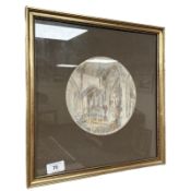 Jean Davies : Interior study of a church, watercolour, 19 cm diameter, signed.