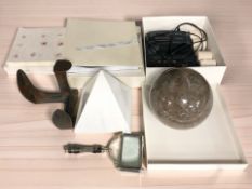Miscellaneous items including a cobbler's last, a Casio receipt machine, magnifying glass,